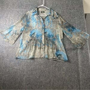 SERENADE Blue Brown Button Up Blouse 2X Top Accordian Pleat Paisley Print #200